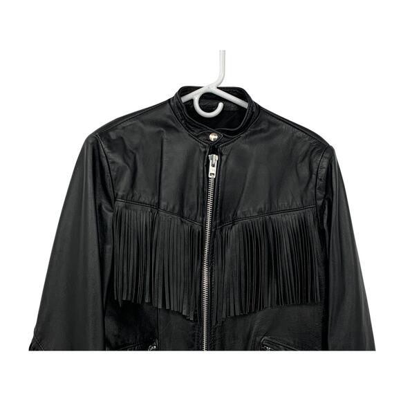 Vintage Black Leather Fringe Motorcycle Biker Jacket Women's Med - Picture 8 of 16